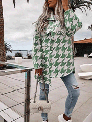 Women's Coats Fashion Loose Long Sleeve Houndstooth Woolen Coat