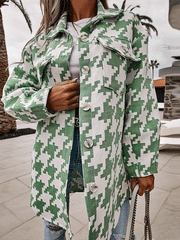 Women's Coats Fashion Loose Long Sleeve Houndstooth Woolen Coat