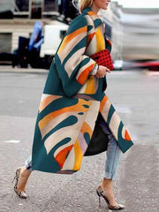 Women's Coats Flared Sleeve Multicolor Printing Loose Long Coat