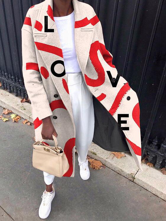 Women's Coats Fun Letter Print Lapel Button Long Woolen Coat