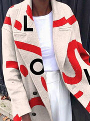 Women's Coats Fun Letter Print Lapel Button Long Woolen Coat