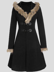 Women's Coats Fur Hat Side Sleeve Button Woolen Mid-Length Coat
