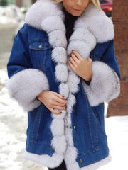 Women's Coats Furry Denim Super Warm Long Sleeve Coat