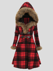 Women's Coats Hooded Fur And Alloy Button Plaid Woolen Mid-Length Coat