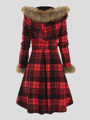 Women's Coats Hooded Fur And Alloy Button Plaid Woolen Mid-Length Coat