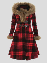 Women's Coats Hooded Fur And Alloy Button Plaid Woolen Mid-Length Coat