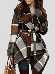 Women's Coats Lace-Up Check Color-Block Woolen Coat