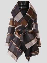 Women's Coats Lace-Up Check Color-Block Woolen Coat