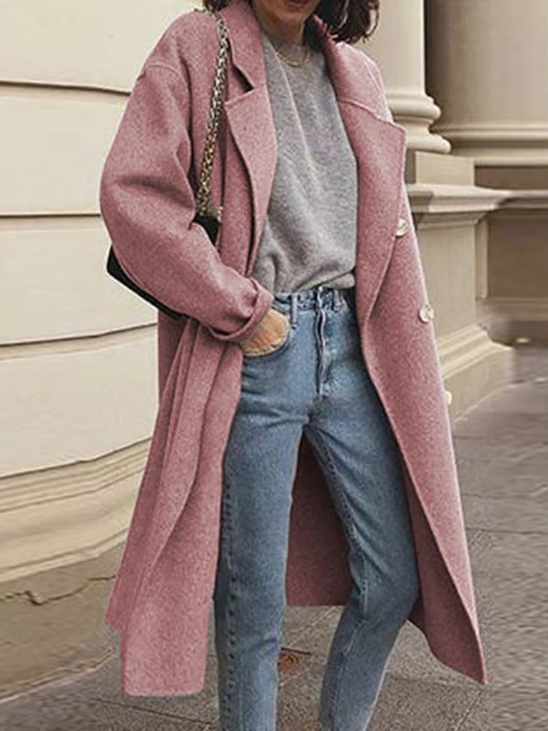Women's Coats Lapel Double-Breasted Long Woolen Coat