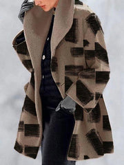 Women's Coats Lapel Multicolor Print Woolen Coat