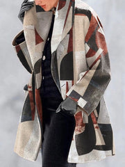 Women's Coats Lapel Multicolor Print Woolen Coat