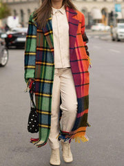 Women's Coats Lapel Plaid Print Fringed Woolen Coat