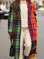 Women's Coats Lapel Plaid Print Fringed Woolen Coat