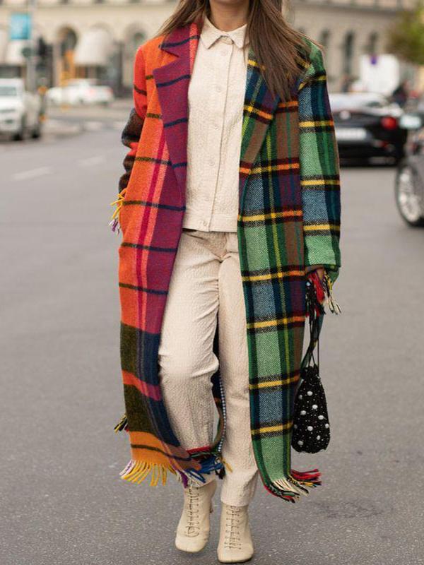 Women's Coats Lapel Plaid Print Fringed Woolen Coat