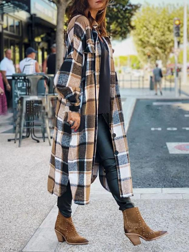 Women's Coats Lapel Plaid Slit Long Woolen Coat