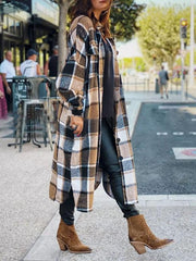 Women's Coats Lapel Plaid Slit Long Woolen Coat