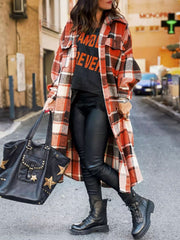 Women's Coats Lapel Plaid Slit Long Woolen Coat