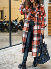 Women's Coats Lapel Plaid Slit Long Woolen Coat