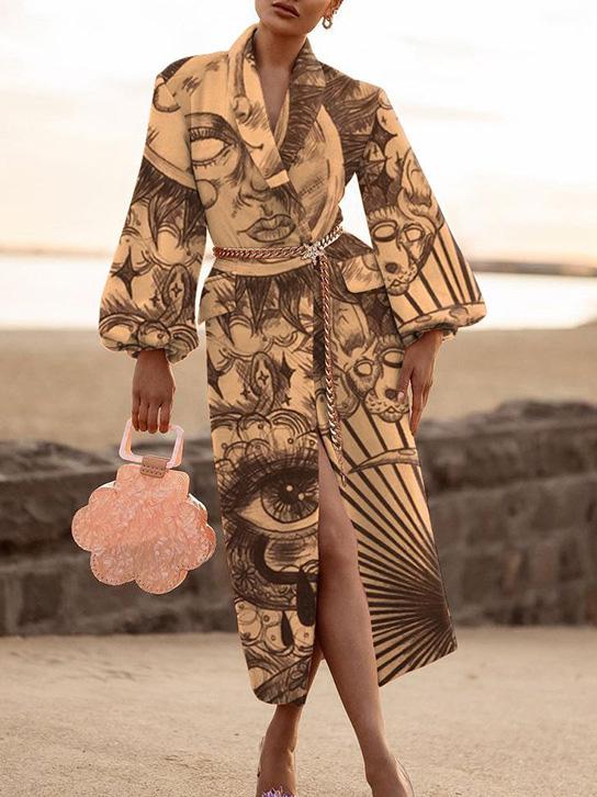 Women's Coats Lapel Printed Temperament Long Woolen Coat
