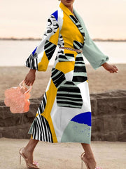 Women's Coats Lapel Printed Temperament Long Woolen Coat