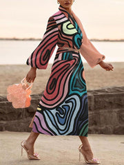 Women's Coats Lapel Printed Temperament Long Woolen Coat