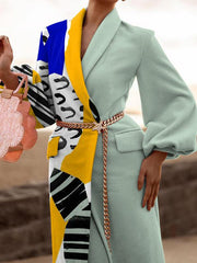 Women's Coats Lapel Printed Temperament Long Woolen Coat