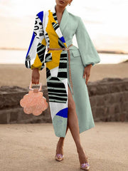 Women's Coats Lapel Printed Temperament Long Woolen Coat