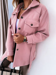 Women's Coats Lapel Tie Button Pocket Woolen Mid-Length Coat