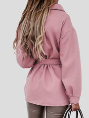 Women's Coats Lapel Tie Button Pocket Woolen Mid-Length Coat