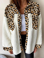 Women's Coats Leopard Print Plush Stitching Long Sleeve Coat