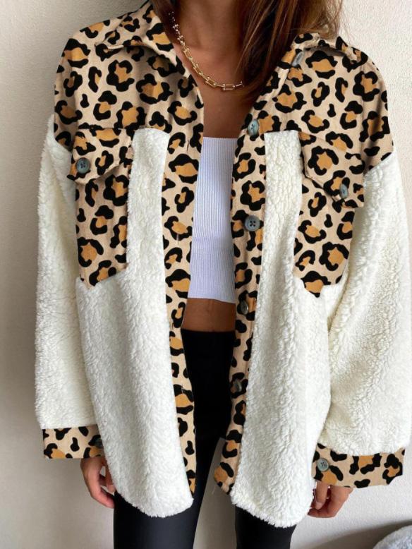 Women's Coats Leopard Print Plush Stitching Long Sleeve Coat