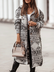 Women's Coats Long Sleeve Button Printed Woolen Coat