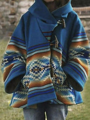 Women's Coats Long Sleeve Hooded Printed Horn Button Woolen Coat