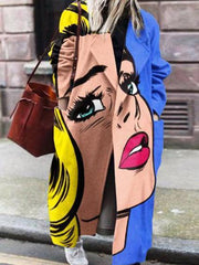 Women's Coats Long Sleeve Lapel Anime Face Print Woolen Coat