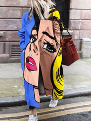 Women's Coats Long Sleeve Lapel Anime Face Print Woolen Coat