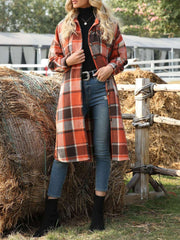 Women's Coats Long Sleeve Side Slit Lapel Woolen Plaid Shirt Long Coat