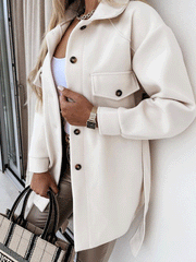 Women's Coats Long Sleeve Solid Lapel Button Belted Woolen Coat