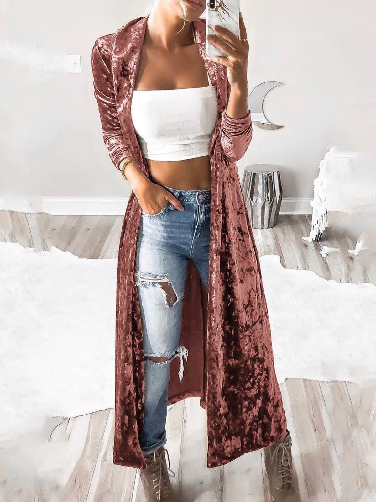 Women's Coats Long Sleeve Velvet Long Cardigan Coat