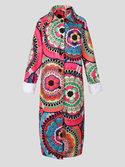 Women's Coats Loose Floral Pattern Printed Woolen Long Coat