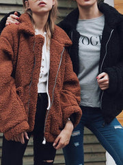 Women's Coats Loose Zipper Pocket Plush Long Sleeve Coat