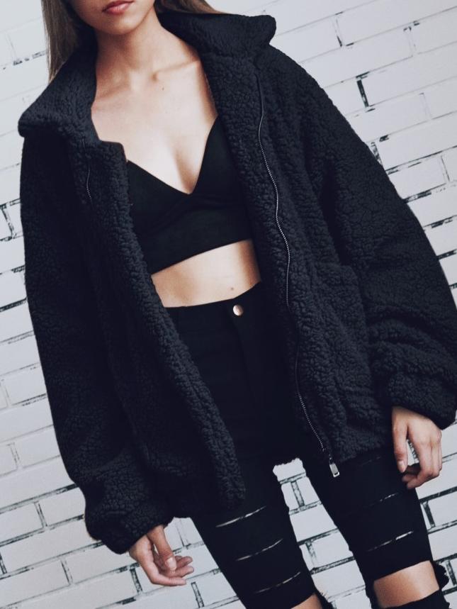Women's Coats Loose Zipper Pocket Plush Long Sleeve Coat