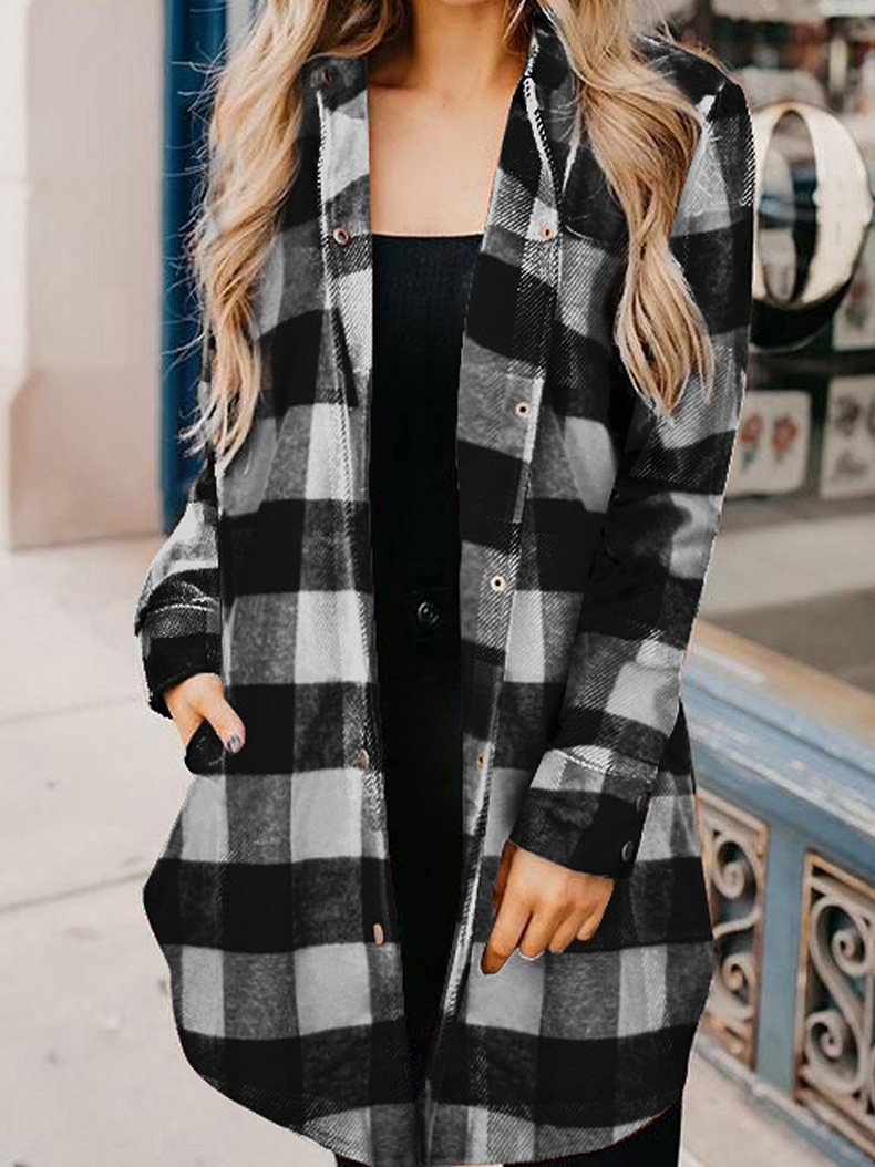 Women's Coats Plaid Button Mid-Length Long Sleeve Coat