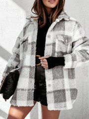 Women's Coats Plaid Button Pocket Long Sleeve Fur Coat