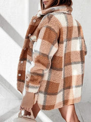 Women's Coats Plaid Button Pocket Long Sleeve Fur Coat