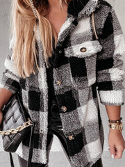 Women's Coats Plaid Button Pocket Long Sleeve Fur Coat