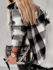 Women's Coats Plaid Button Pocket Long Sleeve Fur Coat