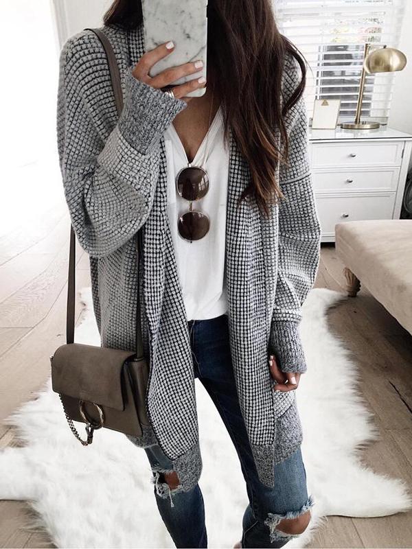 Women's Coats Plaid Long Sleeve Mid-Length Woolen Cardigan Coat