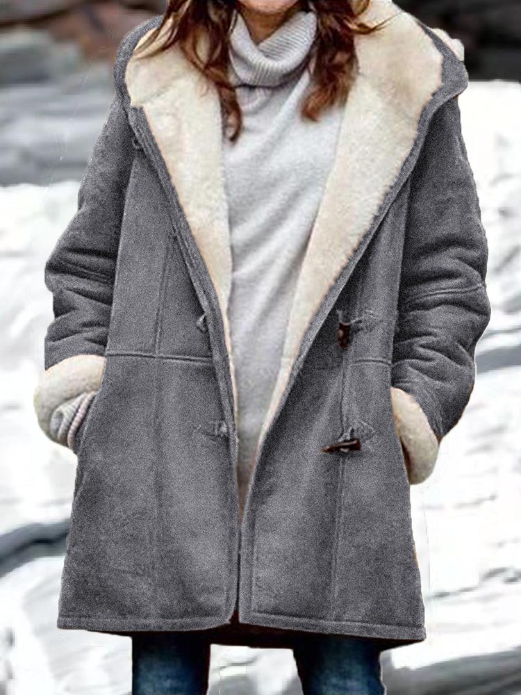 Women's Coats Plush Horn Button Pocket Hooded Long Sleeve Coat