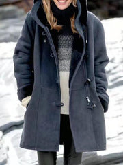 Women's Coats Plush Horn Button Pocket Hooded Long Sleeve Coat