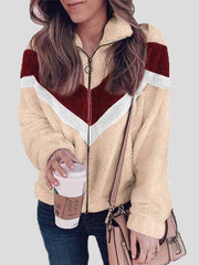 Women's Coats Plush Zipper Long Sleeve Contrast Coat